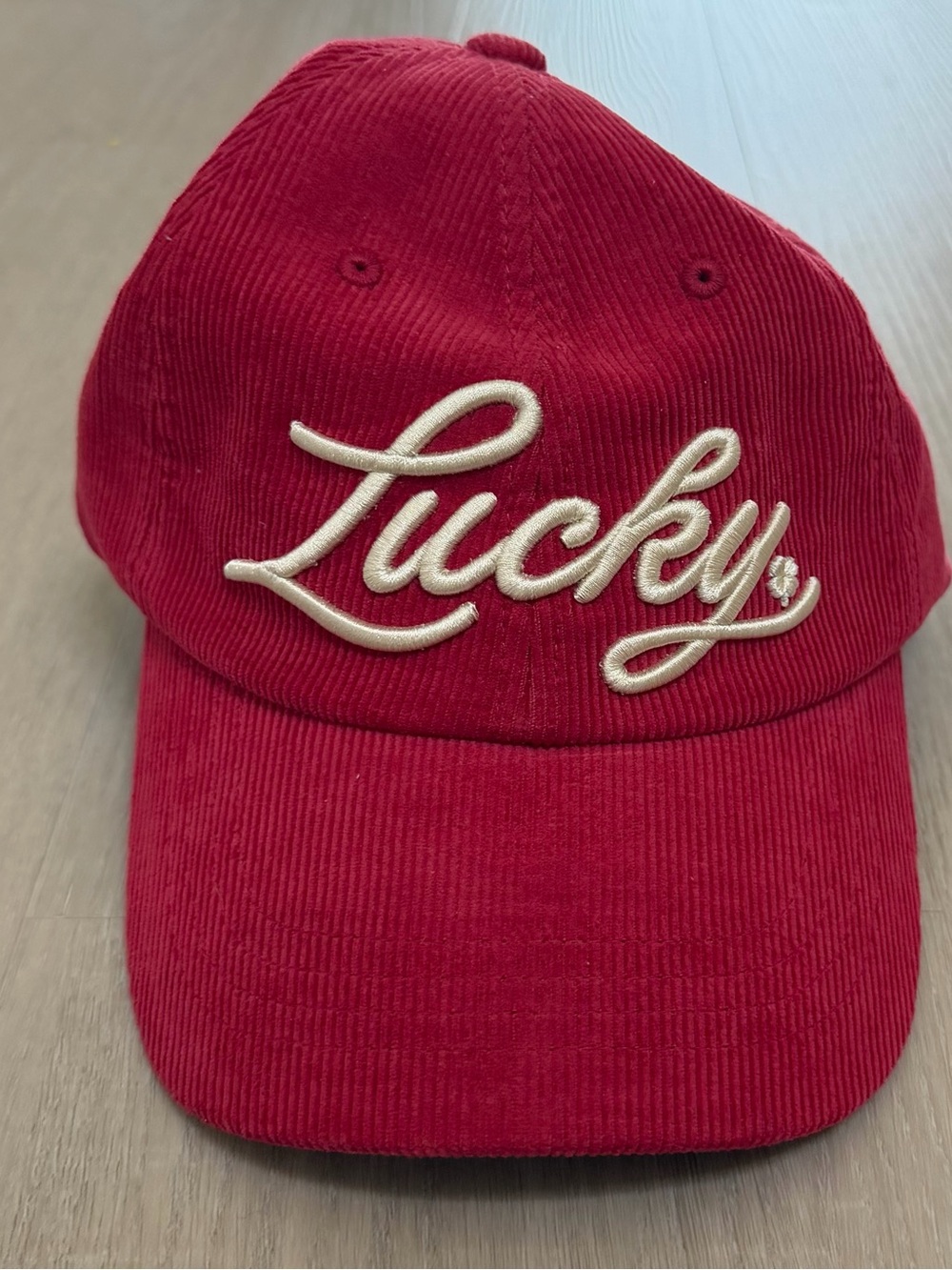 Lucky Brand Red Corduroy Kids Hat with Cream Script